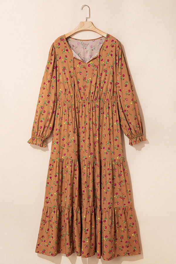 Plus Size Floral Split V Neck Ruffled Sleeve Tiered Maxi Dress