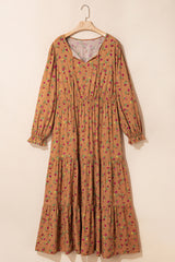 Brown Plus Size Floral Split V Neck Ruffled Sleeve Tiered Maxi Dress