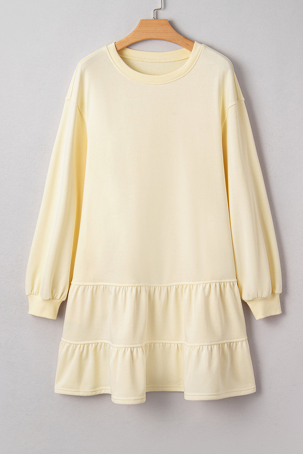 Light Yellow Double Tiered Ruffle Hem Long Sleeve Loose Mini Dress