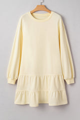 Light Yellow Double Tiered Ruffle Hem Long Sleeve Loose Mini Dress