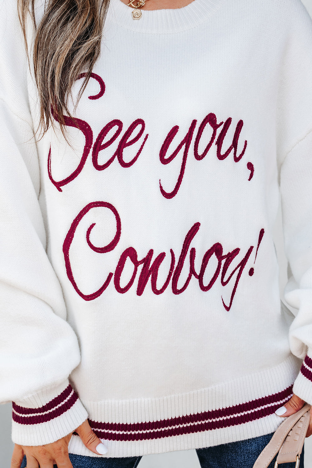 See You Cowboy Embroidered Western Graphic Sweater