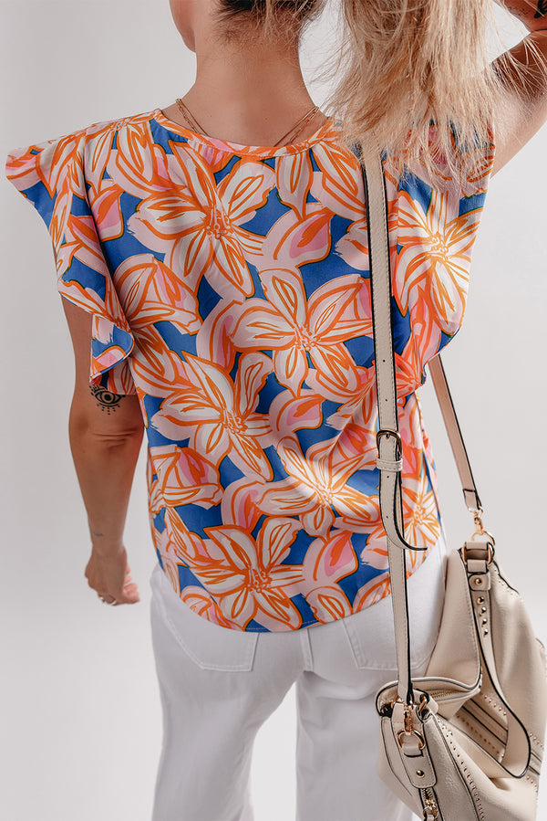 Summer Flower Print Notched Neck Ruffle Sleeve Blouse