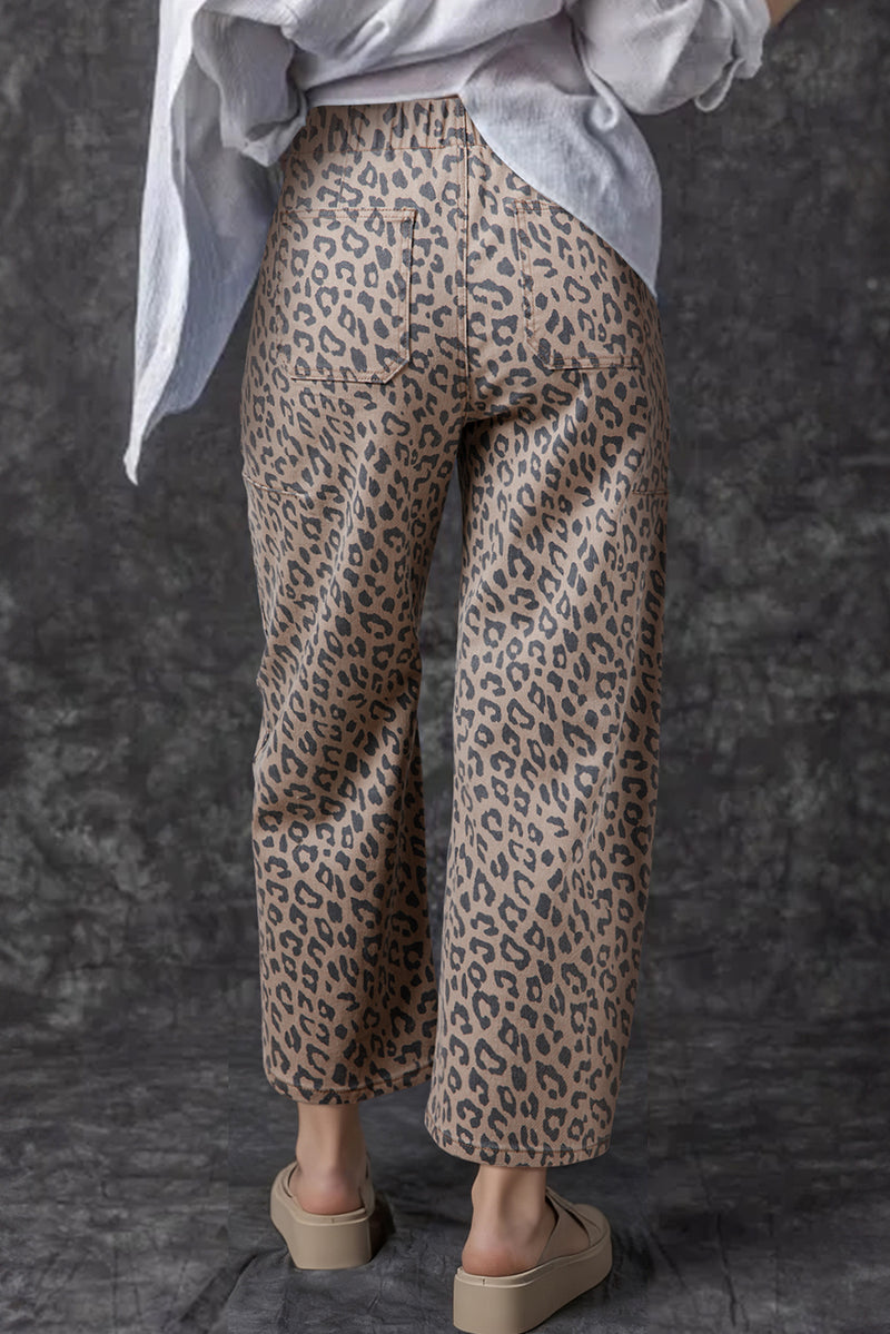 Leopard Printed Drawstring Waist Pocketed Wide Leg Jeans