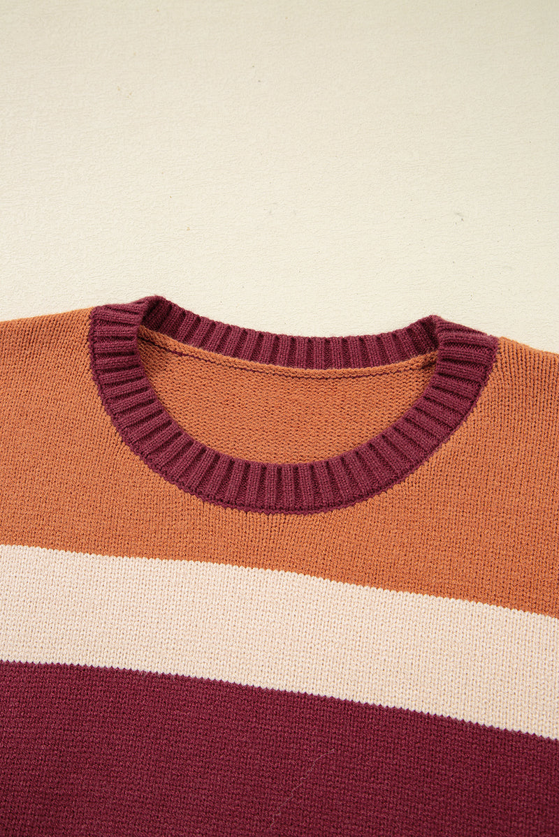 Checkered Color Block Knitted Drop Shoulder Sweater