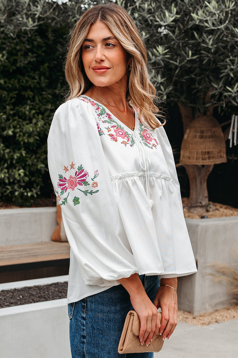 Flower Lace-up V Neck Babydoll Blouse