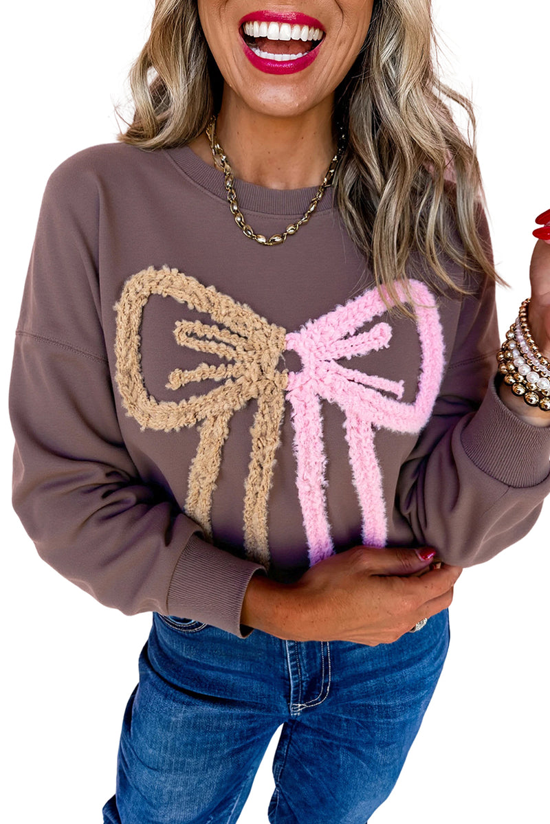 Contrast Terry Bow Pattern Drop Shoulder Sweatshirt