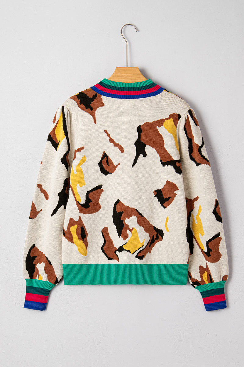 Contrast Ribbed Stripes Detail Animal Pattern Knit Sweater