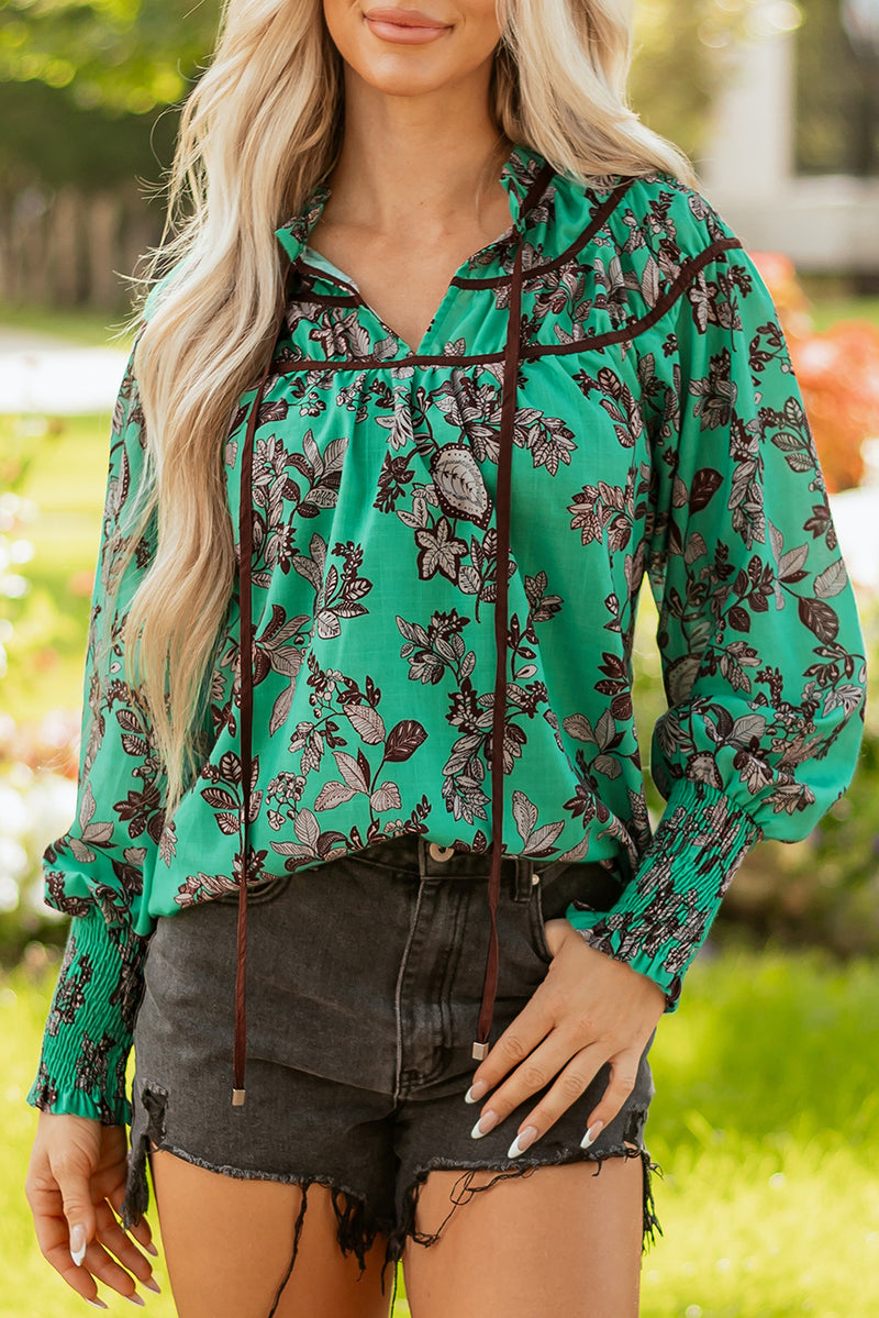 Leaves Print Contrast Trim V Neck Shirred Puff Sleeve Blouse
