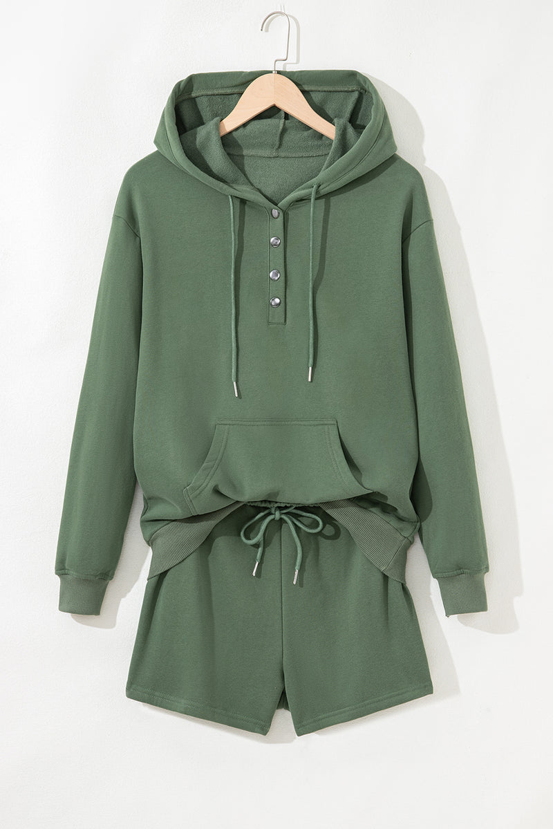Solid Button Drawstring Hooded Pullover and Casual Short Set