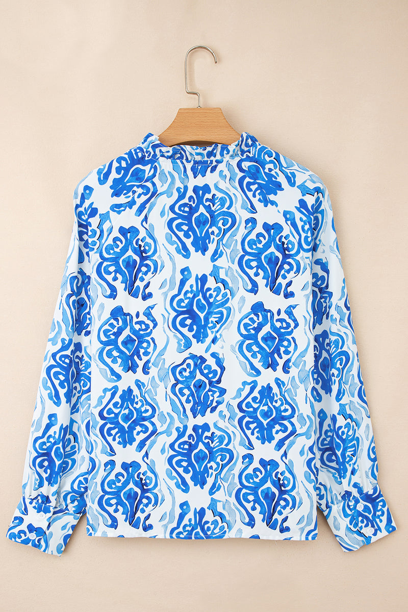 Blue Ethnic Printed Tie Split Neck Button Front Puff Sleeve Shirt