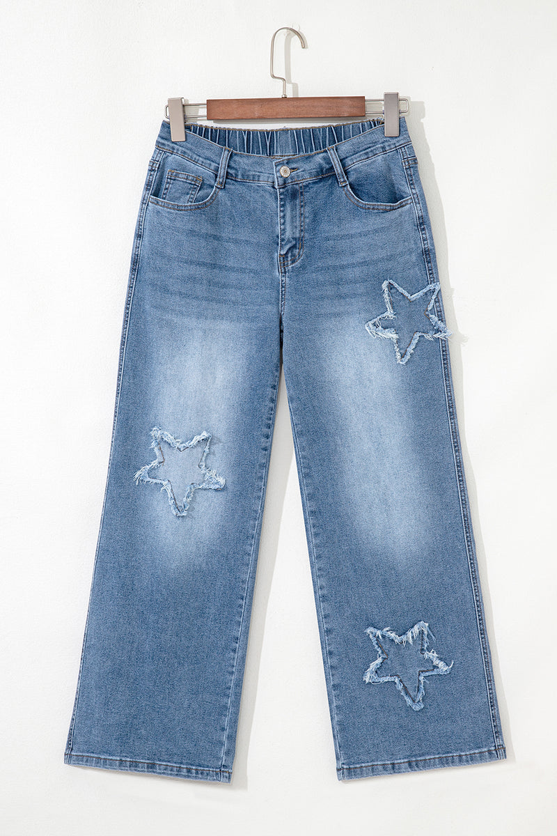 Star Patchwork Cropped Wide Leg High Waist Jeans