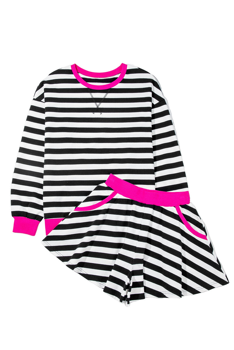 Stripe Contrast Ribbed Banding Long Sleeve Blouse Loose Shorts Set