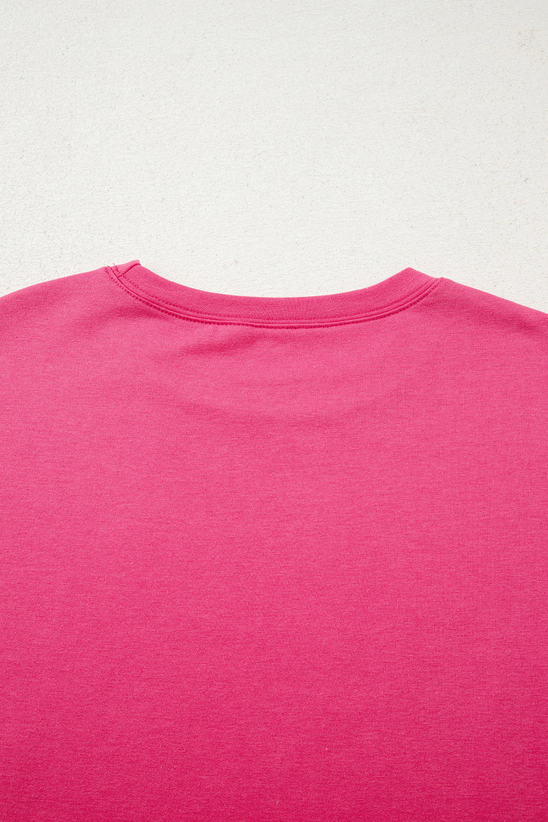 Dark Pink Floral Hemline Patchwork Round Neck Casual Top