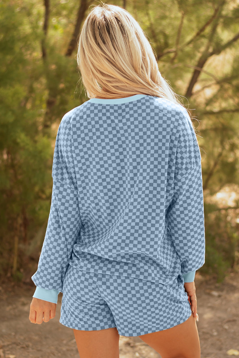 Checkerboard Long Sleeve Pullover and Shorts Set