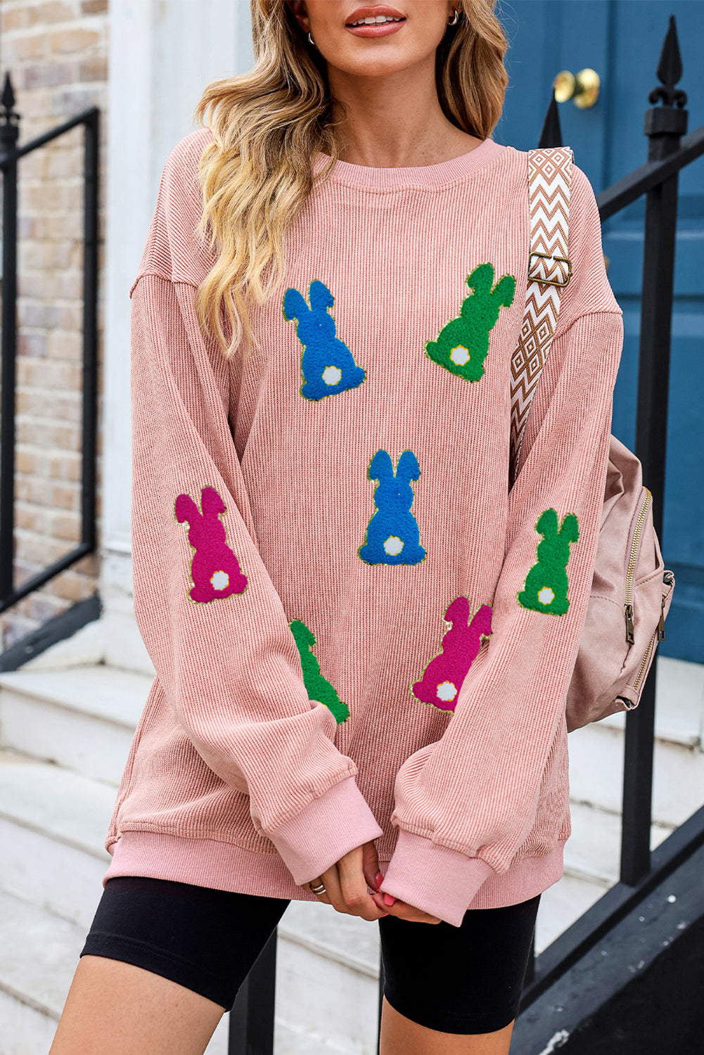 Easter Rabbit Patched Pattern Corded Crewneck Sweatshirt