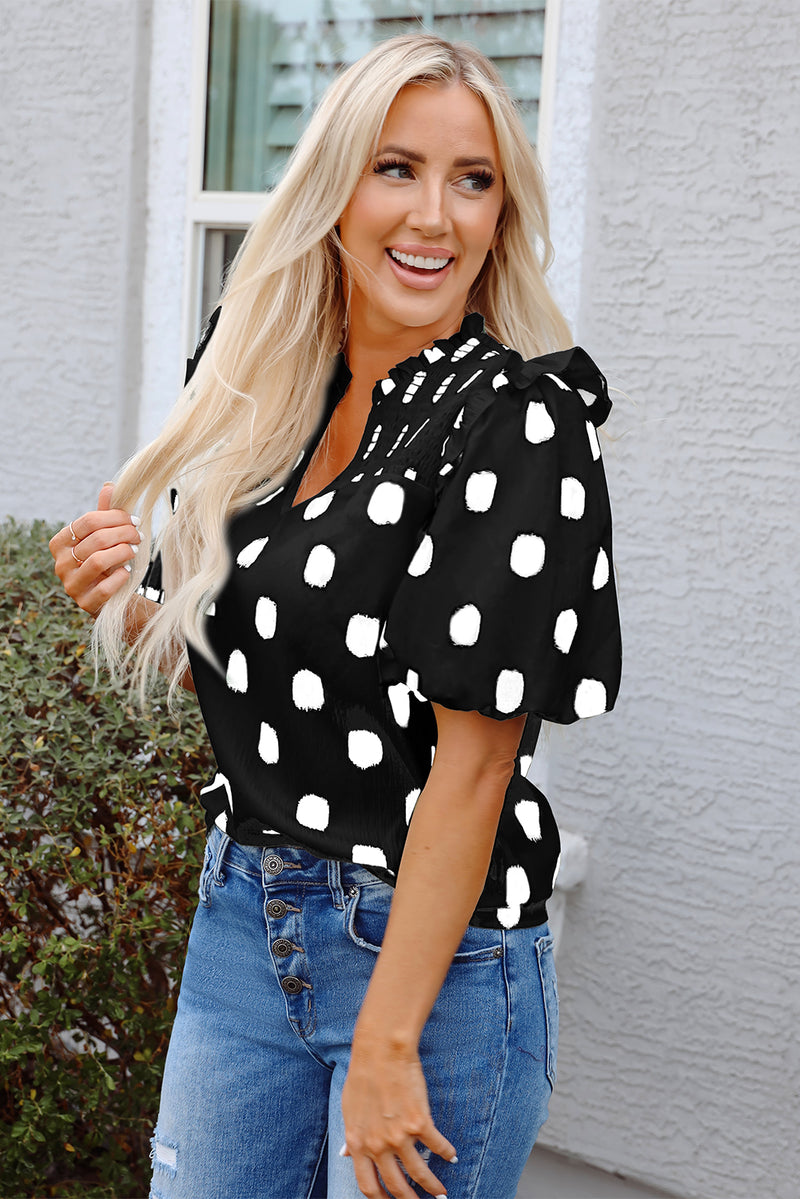 Polka Dot Print Shirred Yoke Notched Neck Balloon Sleeve Blouse