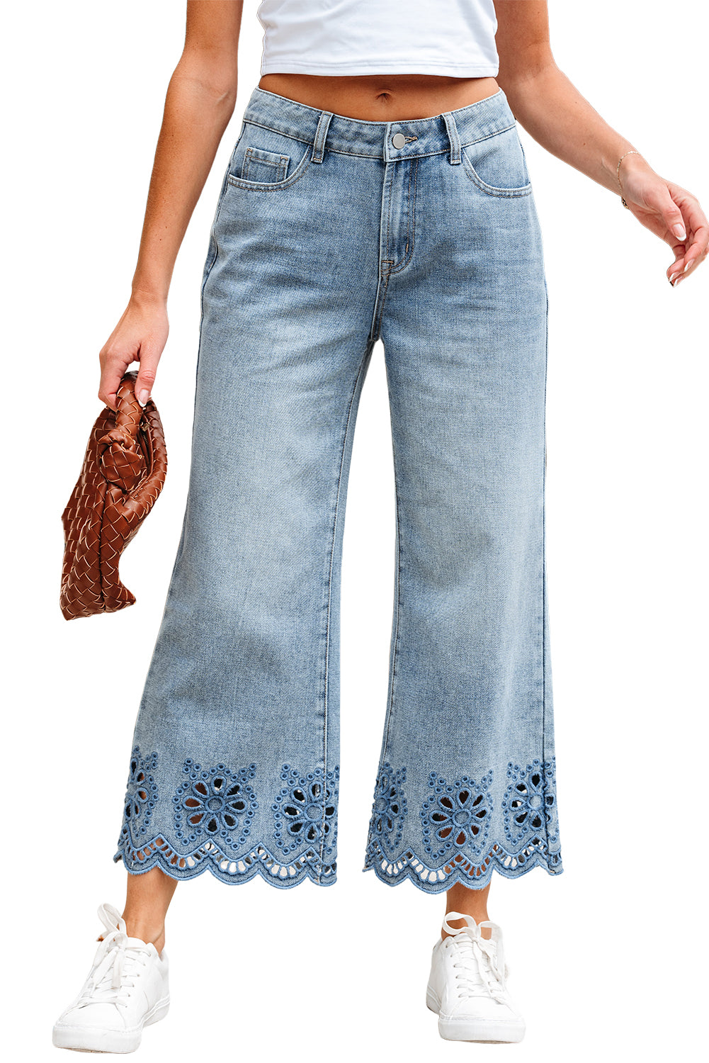 Embroidered Cropped Wide Leg High Waist Jeans