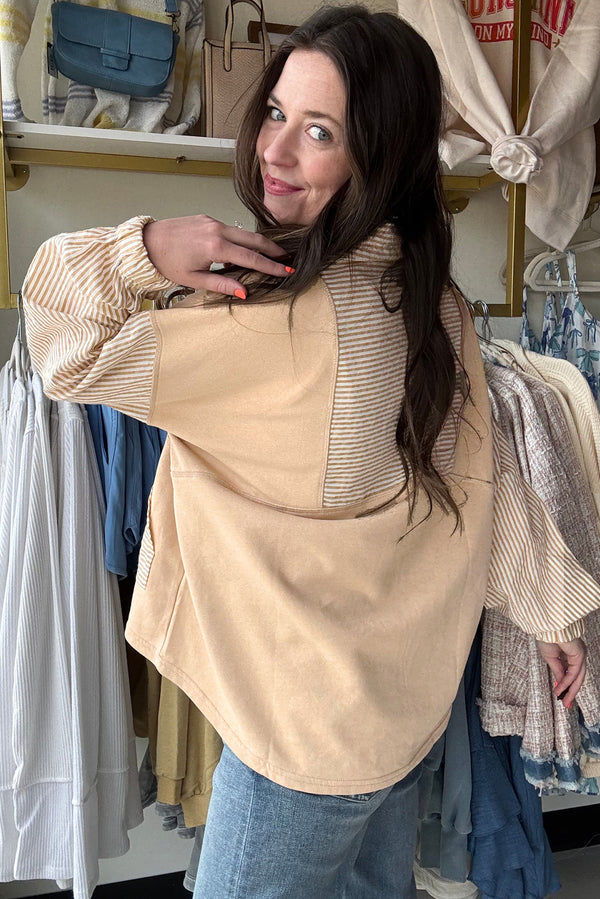 Beige Quarter Zip Striped Patchwork Drop Shoulder Loose Long Sleeve Top