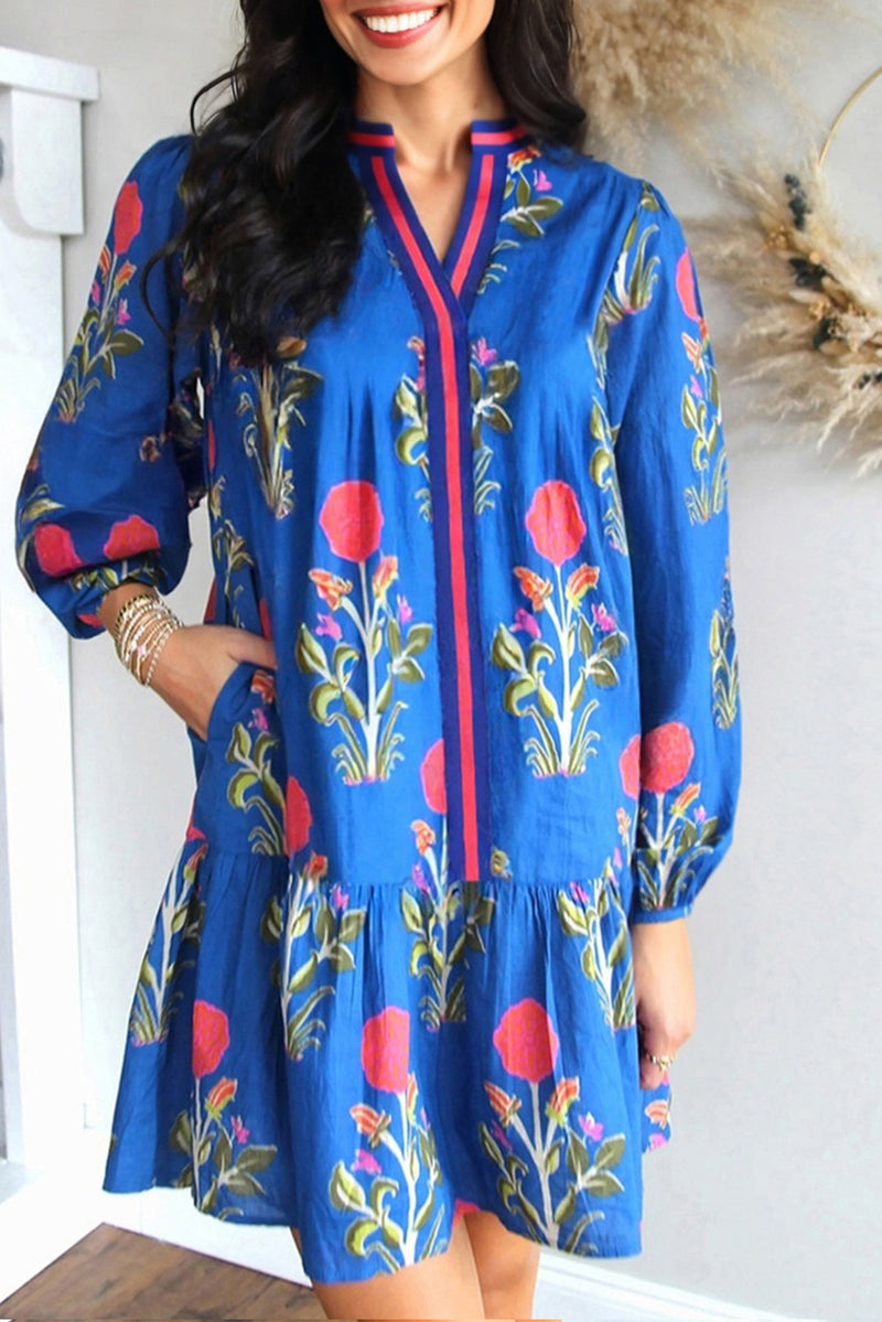 Floral Print Contrast Striped Trim Notched Neck Long Sleeve Dress