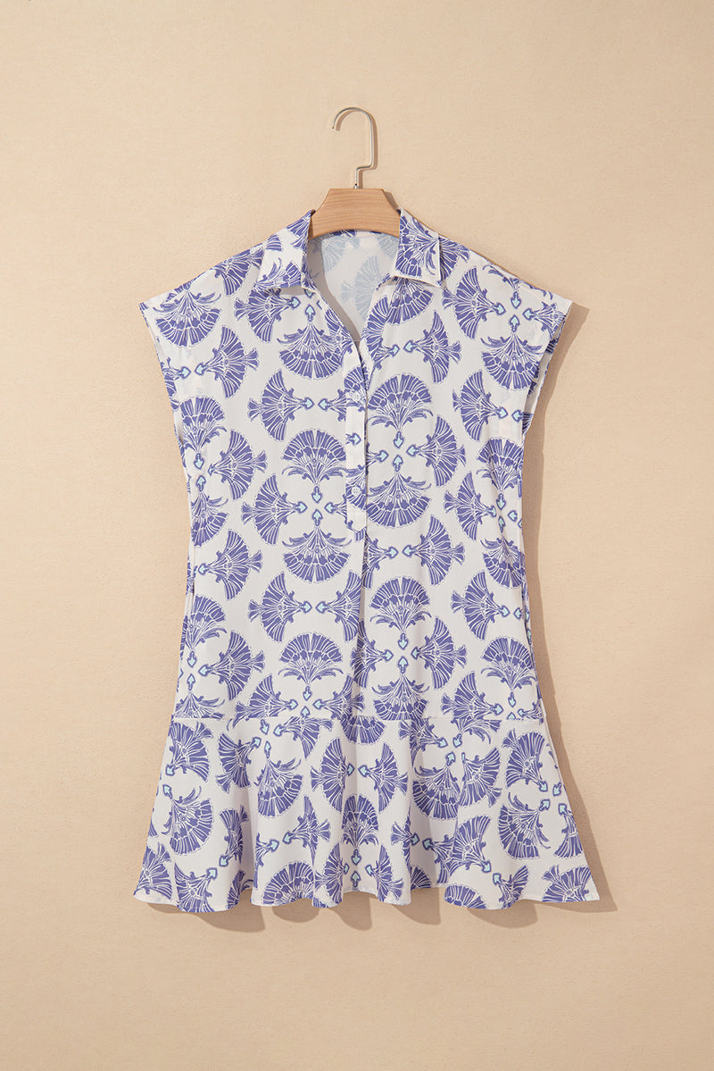 Sky Blue Printed Shirt Collar Half Button A-line Mini Dress