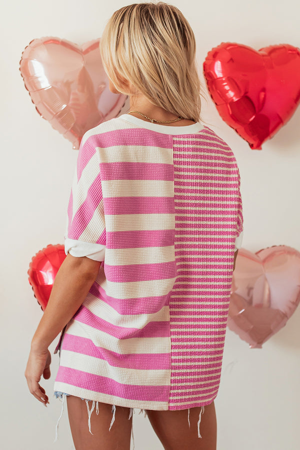 Stripe Patchwork Textured Short Sleeve High Low Loose Top