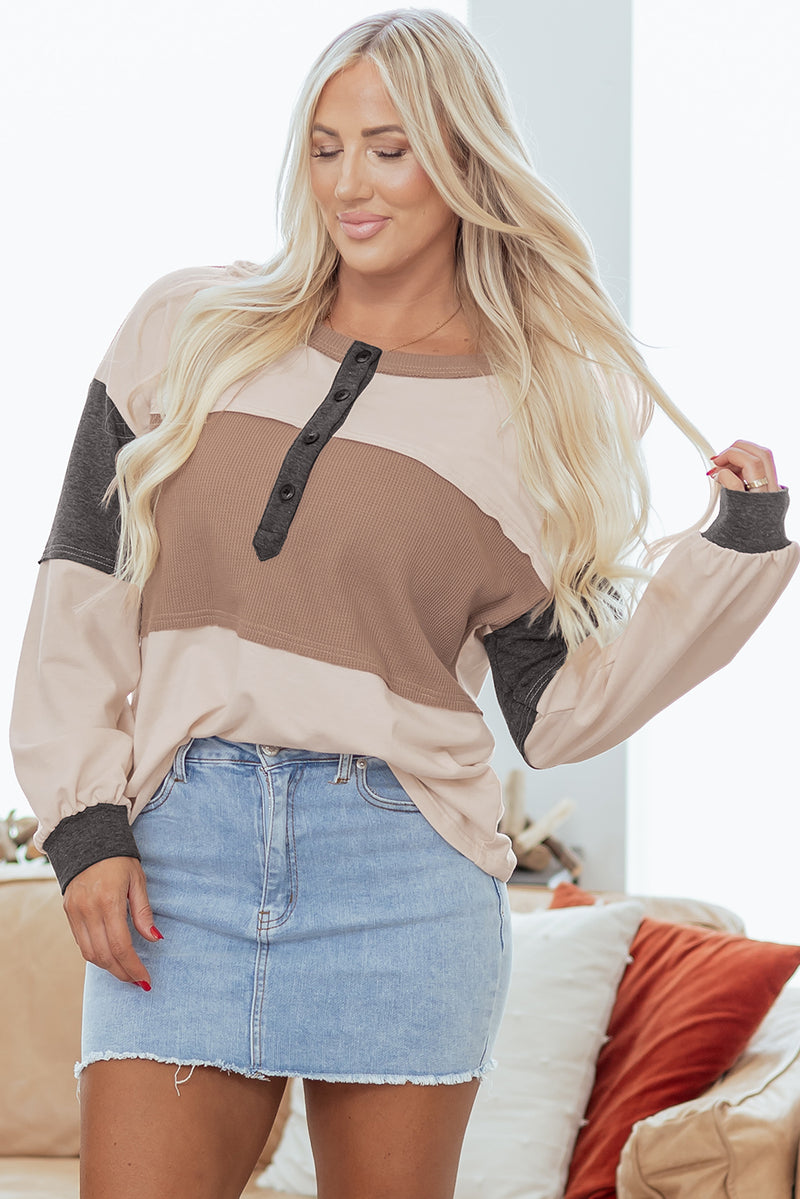Beige Color Block Waffled Patchwork Loose Henley Top