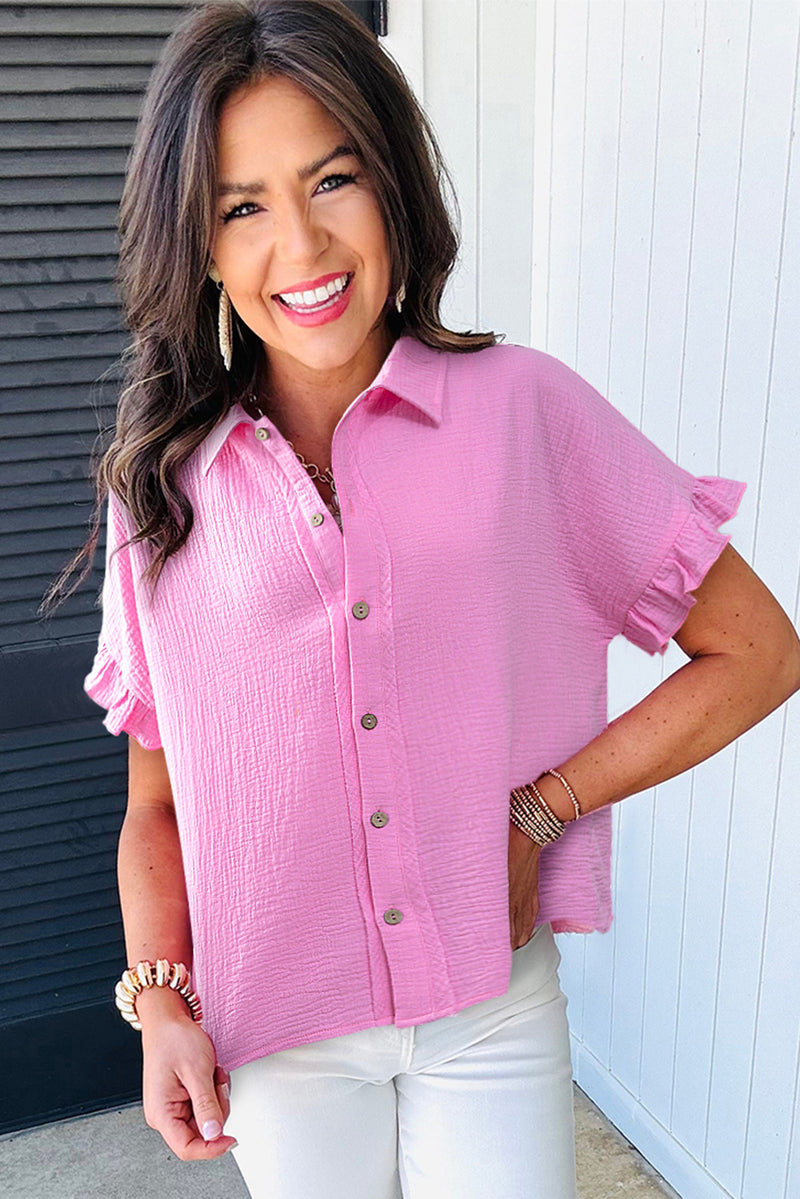 Mineral Wash Textured Ruffle Trim Short Sleeve Shirt