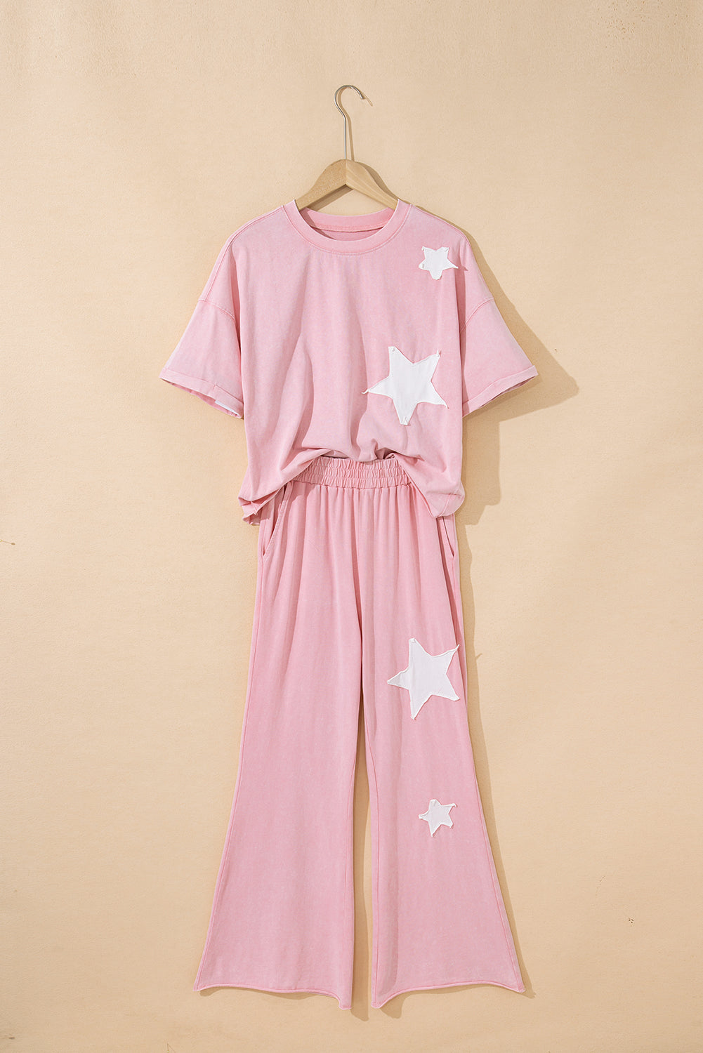 Acid Wash Star Patched Rolled Trim Pants Set