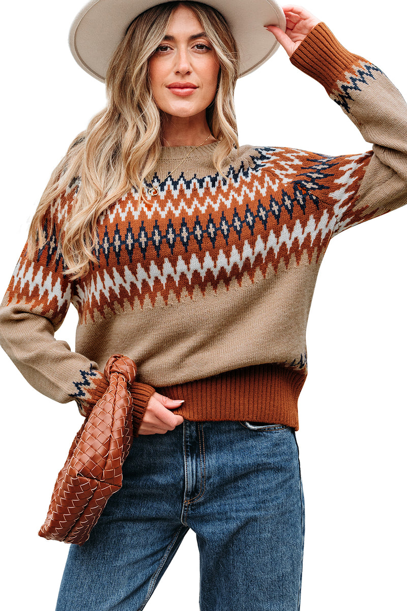 Aztec Print Colorblock Crew Neck Sweater