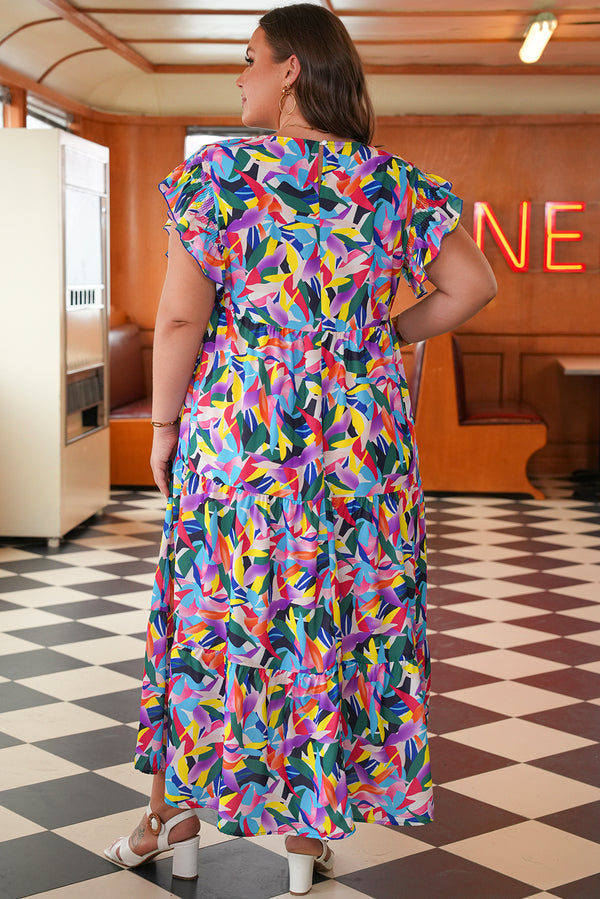 Geometric Print Ruffled Short Sleeve Plus Size Tiered Maxi Dress