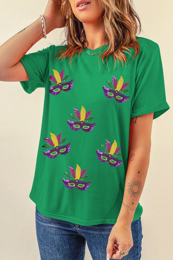 Sequin Mardi Gras Mask Patched Pattern Crewneck Tee
