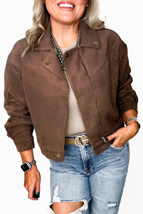 Button Zip Up Lapel Collar Corduroy Jacket