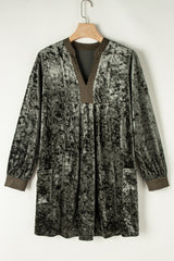Jungle Green Velvet Long Sleeve V Neck Loose Dress with Pockets