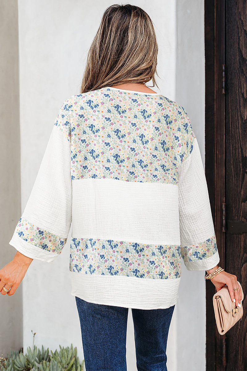Floral Print Gauze Patchwork Henley Button 3/4 Sleeve Blouse