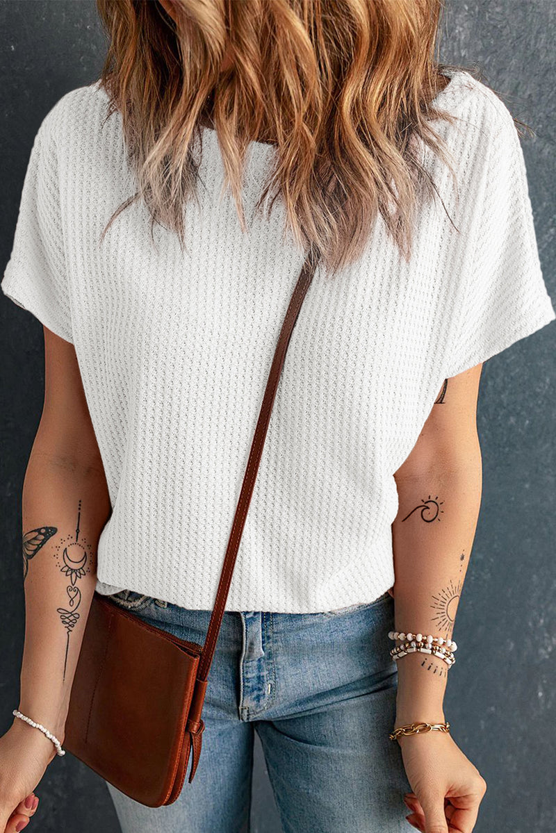 Solid Waffle Knit Boat Neck Short Sleeve Top