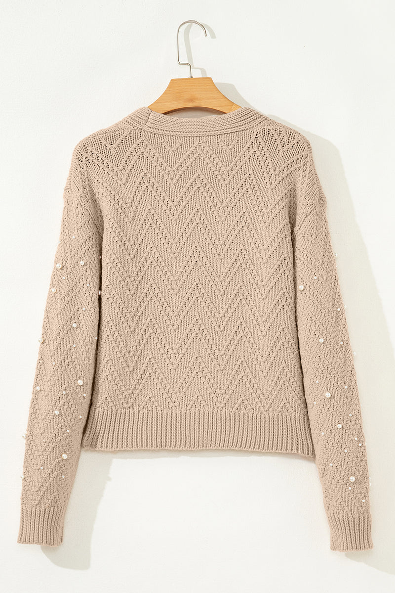 Pearl Embellished Button Front V Neck Sweater Cardigan