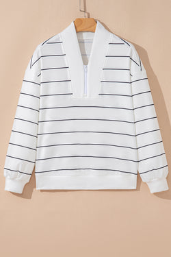 Zip V Neck Casual Stripe Print Drop Shoulder Long Sleeve Top