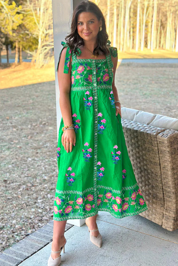Floral Print Contrast Trim Knotted Straps Midi Dress