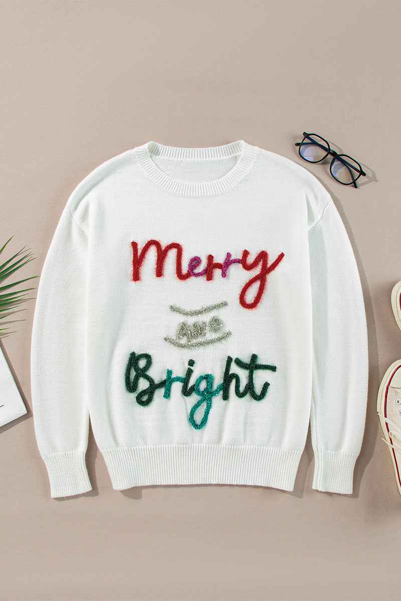 Solid Tinsel Merry and Bright Graphic Christmas Sweater