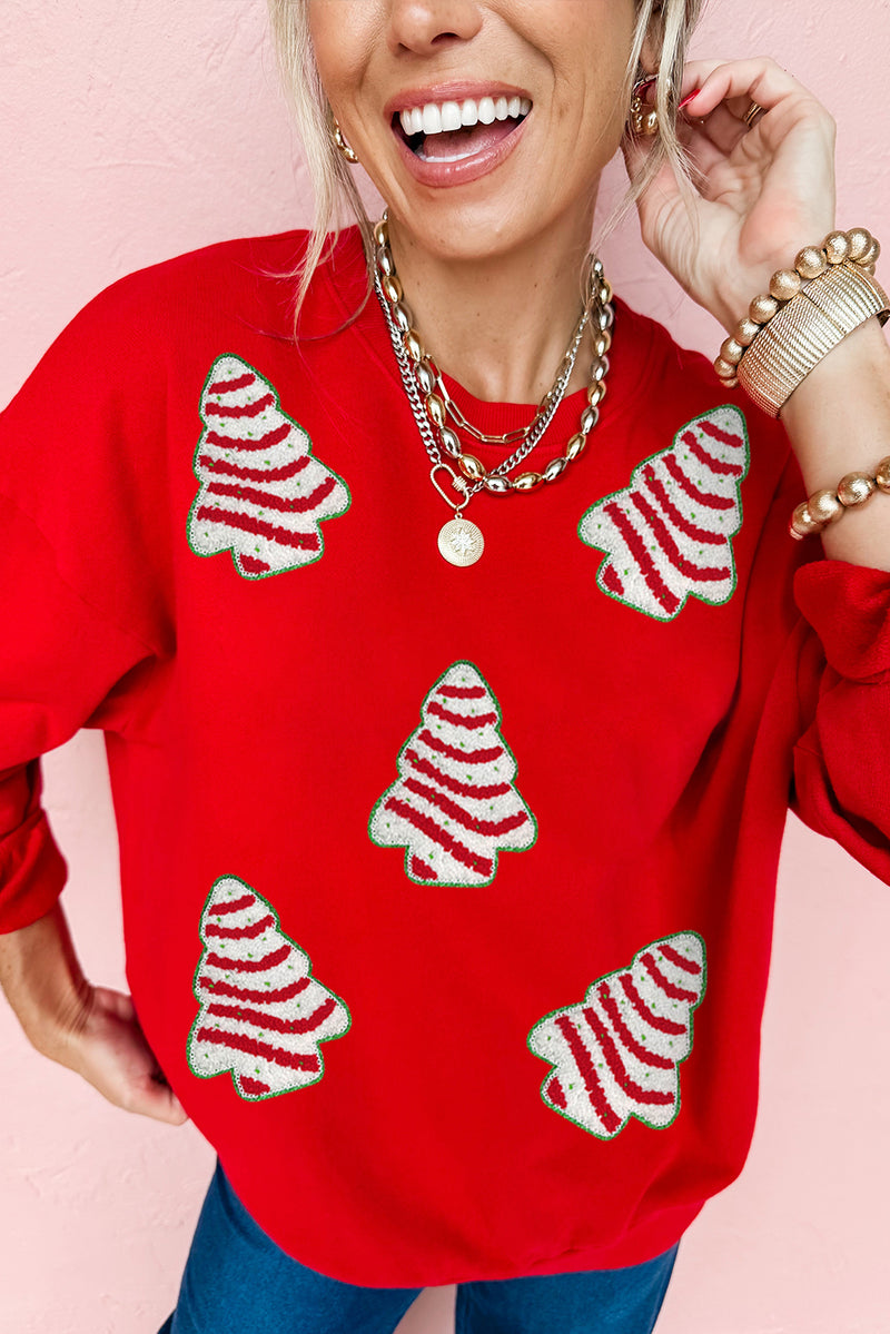 Playful Christmas Tree Patched Dropped Shoulder Sweatshirt
