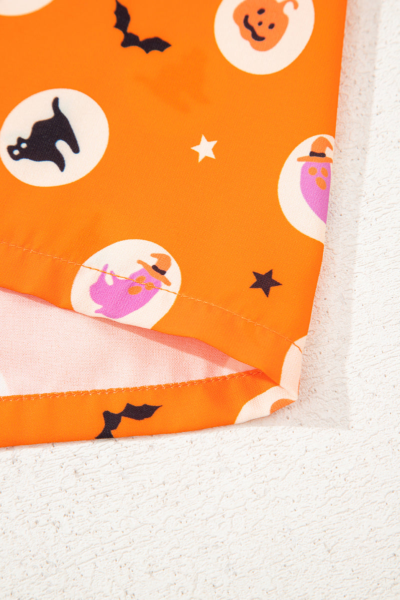 Halloween Print Lapel Shirt Long 2pcs Pajama Set