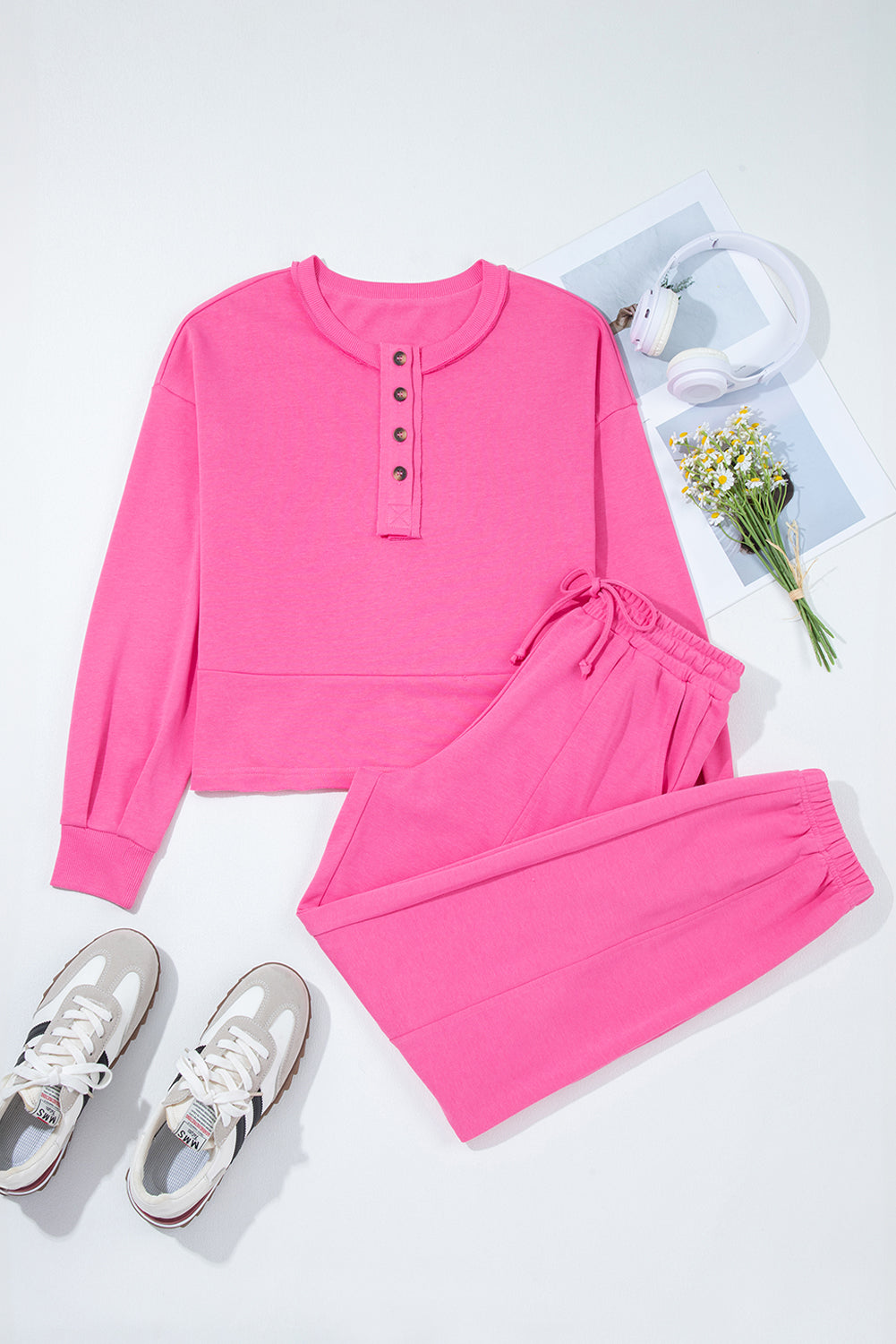 Raw Edge Half Buttons Pullover and Jogger Pants Set