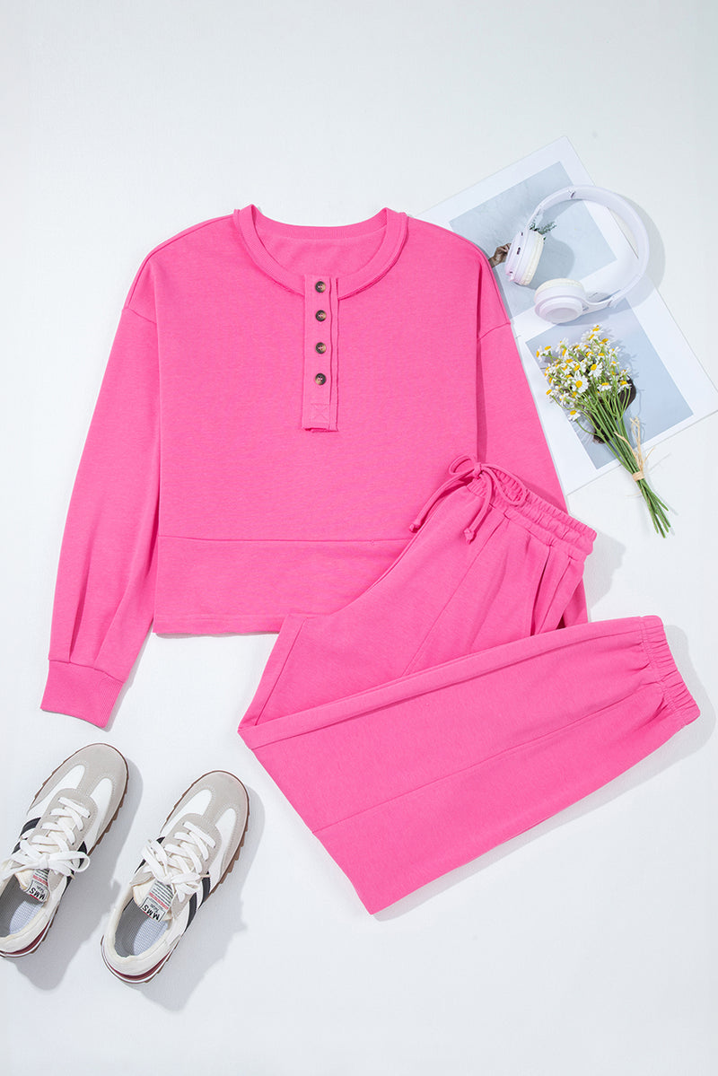 Raw Edge Half Buttons Pullover and Jogger Pants Set