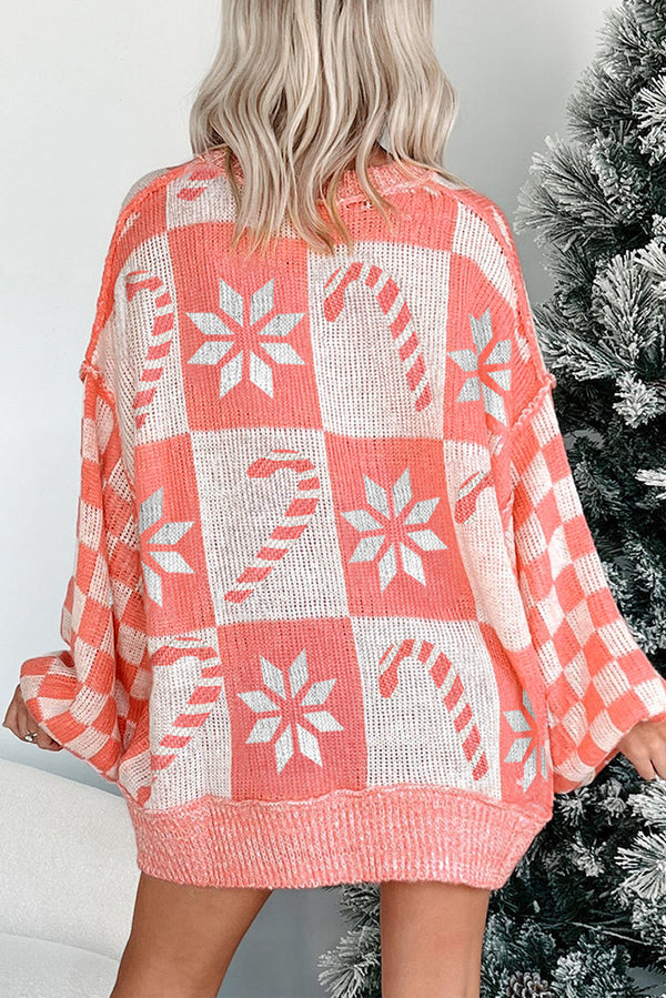 Candycane Snowflake Checker Christmas Holiday Drop Shoulder Tunic Loose Sweater