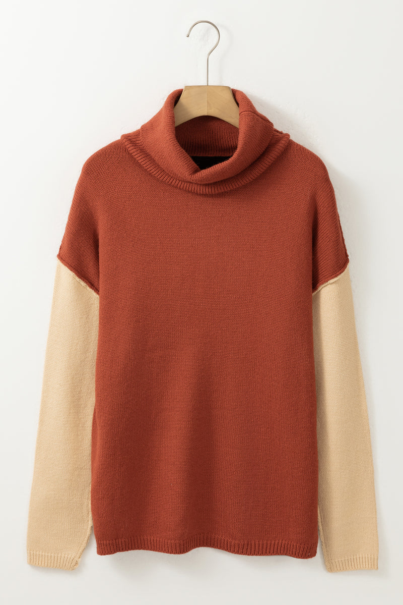 Color Block Turtle Neck Drop Shoulder Knit Sweater