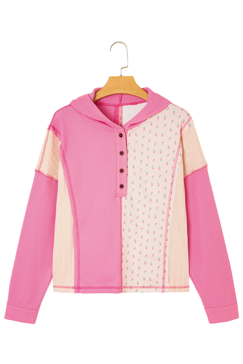 Mixed Texture Waffle Floral Patchwork Hooded Oversize Pullover