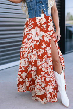 Red High Split Floral Western Cowgirl Maxi Skirt