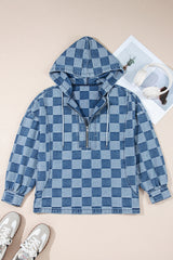 Checkerboard Zipped Neck Kangaroo Pocket Denim Hoodie
