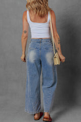 Washed Pleated Detail Wide Leg Jeans