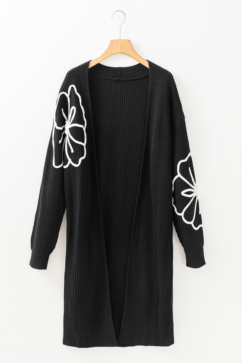 Flower Embroidered Drop Shoulder Open Front Duster Cardigan